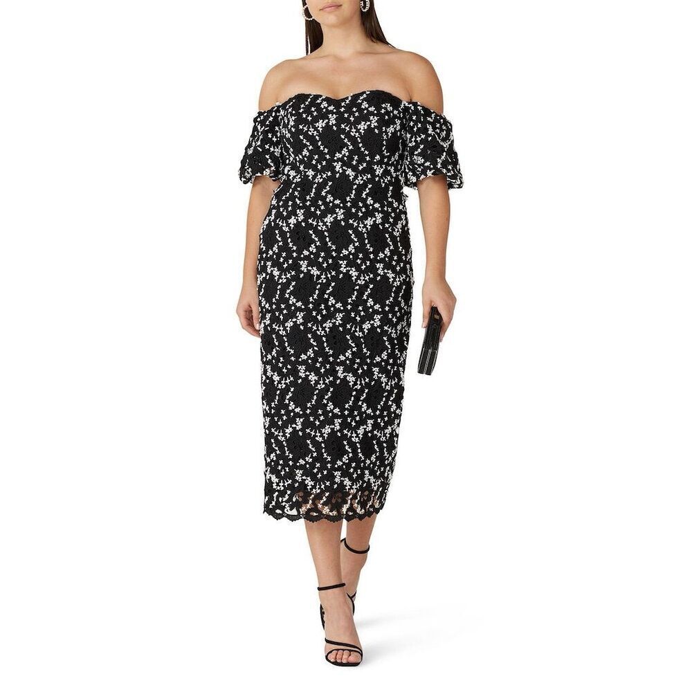 $570 SHOSHANNA Sentido Off Shoulder Lace Midi Dress Sz 14 Black Classic Elegance